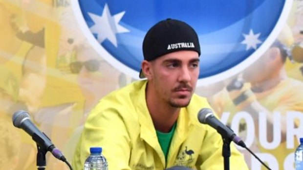 Thanasi Kokkinakis during Team Australia's media conference prior to the Davis Cup World Group semi-final in Brussels.
