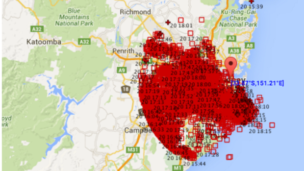 About 9000 lightning strikes were detected within a 40 km radius of Bankstown over a six hour period on Tuesday.