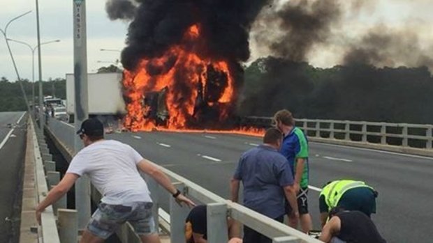 A truck explodes in flames on the M1 near Nerang