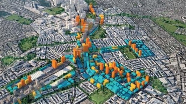 The 'massing strategy', showing potential building sizes for the Central to Eveleigh area. 