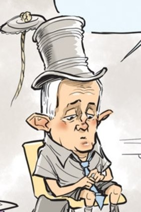 David Pope on drawing the PM with a tin-can-and-string top hat (from his days as Minister for Communications): "He now looks naked to me when I draw him without it. Over time it has become a prop that has taken on a life of its own."