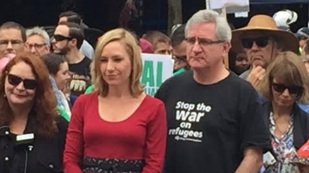 Greens Senator Larissa Waters and senate hopeful, former Democrat senator Andrew Bartlett at the refugee rally in Brisbane.
