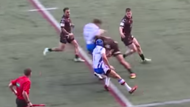 Ouch: Vikings centre Patrick Ah Van left Ashley Gibson dazed and confused after this monster hit.