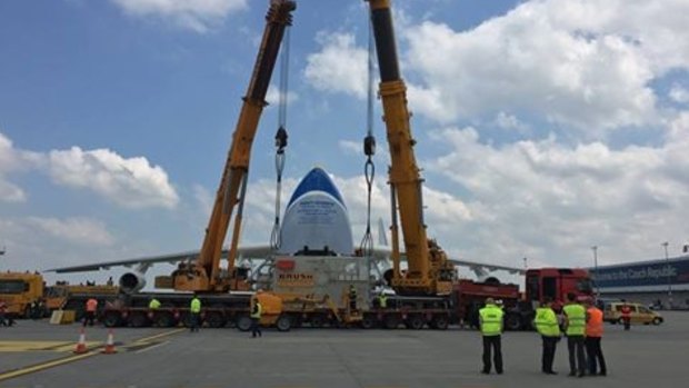 The 117-tonne generator being loaded onto the Antonov ahead of its journey to Perth. 