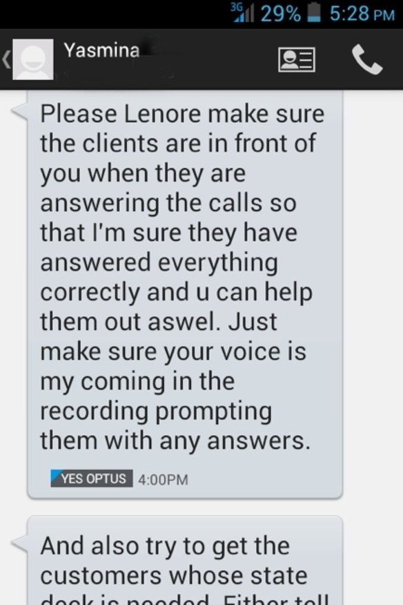 A text message sent by saleswoman Yashma to Lenore Lutanichi.