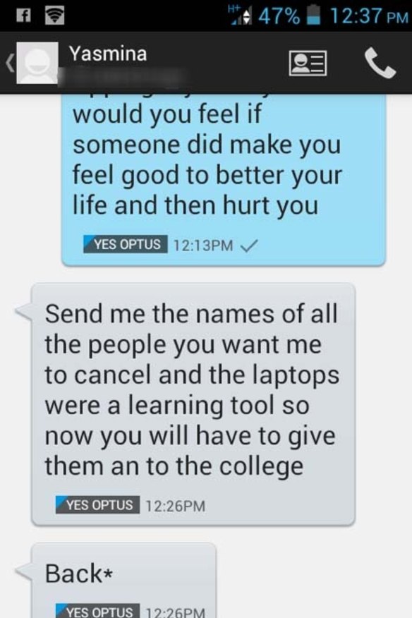 SMS from saleswoman Yashma to Lutanichi after a Fairfax Media sting