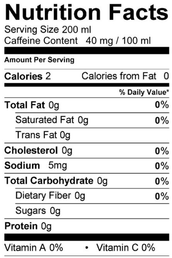 The nutritional panel for CLR CFF, a clear coffee drink. 