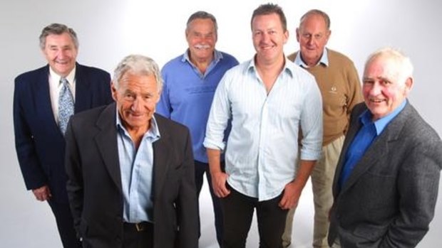 Legends: (From left) Bob Davis, Tom Hafey, Ron Barassi, Ken Hands and Ron Carter with Rohan Connolly in 2008.