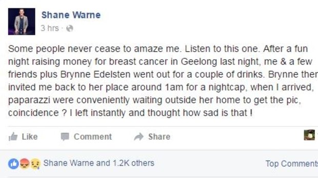 For the record: Warne posted this message for his almost 700,000 Facebook fans.