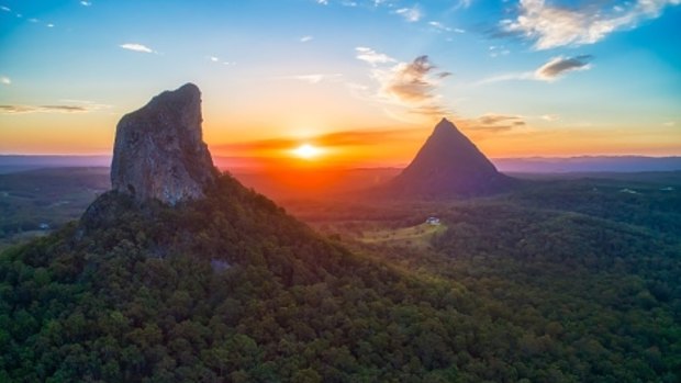 Mount Coonowrin and Mount Beerwah in the Glasshouse Mountains, Sunshine Coast.