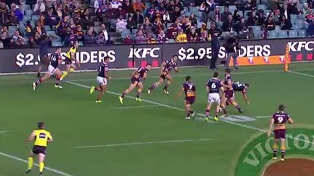 Latrell Mitchell comes inside, leaving Ryan Matterson hugging the touchline.