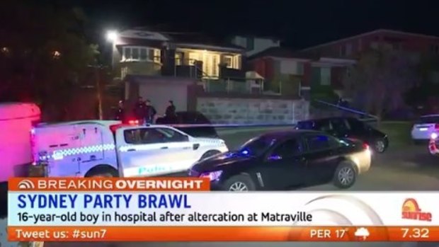 Police attend the scene of the party and attack in Matraville.