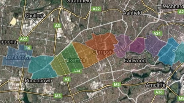 The areas to be affected by development along the Sydenham-to-Bankstown line. 