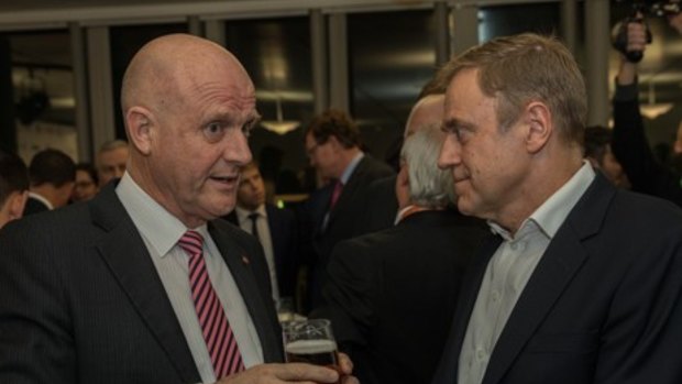 Senator David Leyonhjelm talking to Foxtel chief executive Peter Tonagh at the media summit. 