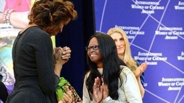 Laxmi meets Michelle Obama at the International Women of Courage Awards in 2014