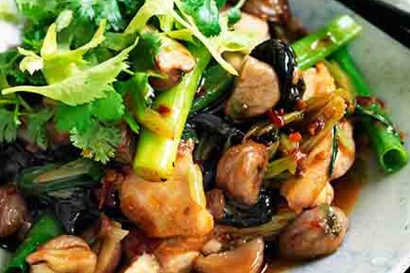 Neil Perry's Chilli chicken with chestnuts, black funghi and celery.