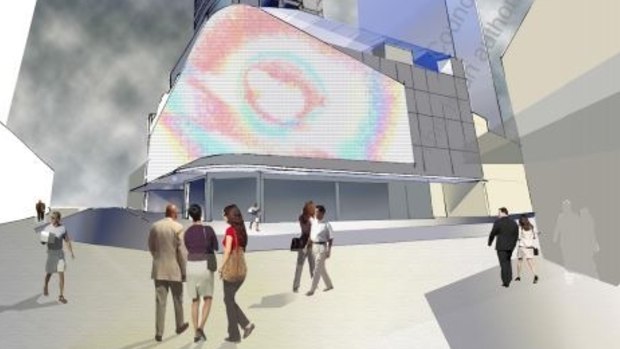 A proposed redevelopment of Cavill Avenue includes the installation of large LED screens that stretch four storeys high and wrap around the corner of Orchid St.
