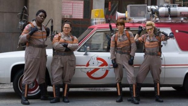 Leslie Jones, Melissa McCarthy, Kristen Wiig and Kate McKinnon in <i>Ghostbusters</i>, due out in July 2016.