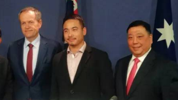 Opposition Leader Bill Shorten with Simon Zhou (centre), who is now campaigning to become mayor of Ryde in Sydney, and NSW Labor MP Ernest Wong at a 2016 election press conference. 
