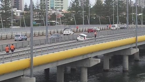 A second car has become stuck in Gold Coast tram tracks, just two hours after an unmarked police car. Photo: Matthew Howard / Ten Eyewitness News / Twitter