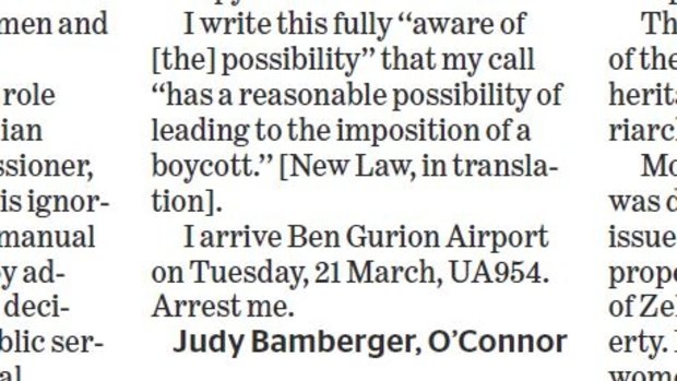 In a letter to The Canberra Times on March 10, Judy Bamberger informed Israeli authorities of her pending arrival.