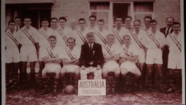 Col Kitching (standing, eighth in from the left) in the 1956 Melbourne Olympics national football team.