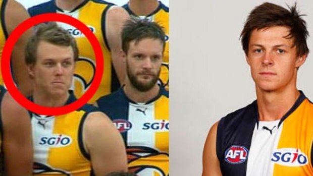 Media officer Ben Roberts in the official Eagles team photo; actual West Coast player Callum Sinclair on the right.