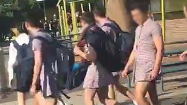 Bentleigh Secondary College boys in the school's summer dress on Tuesday.