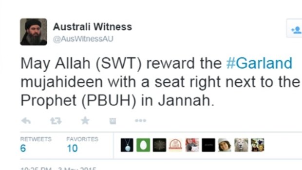 A tweet from Australi Witness after the Texas attack.The image is of Abu Bakr al Baghdadi.