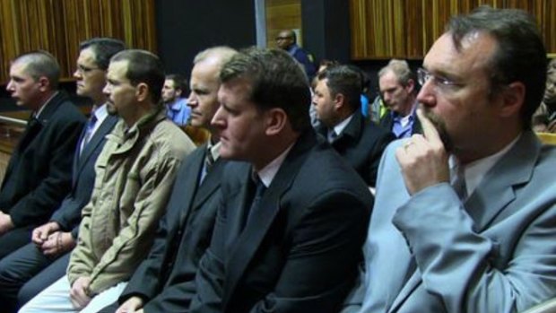 Appearing in a Johannesburg court (from left), Carrington Laughton, Conway Brown, David Ranger, Carel Ranger, Paul Toft-Nielsen and Dirk Reinecke.