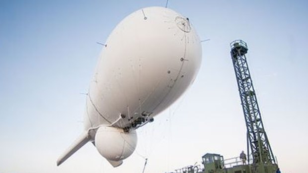 A US military high-tech blimp at a testing ground.
