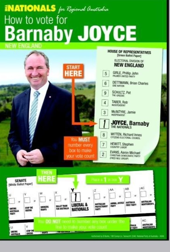 A how-to-vote leaflet for Barnaby Joyce, authorised by caged egg producer Bede Burke.