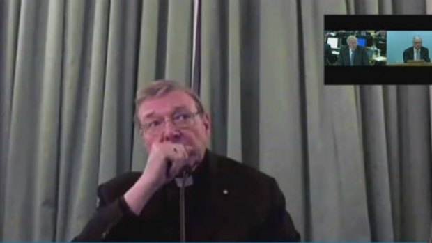 Cardinal George Pell giving evidence to the royal commission via video link from Rome.