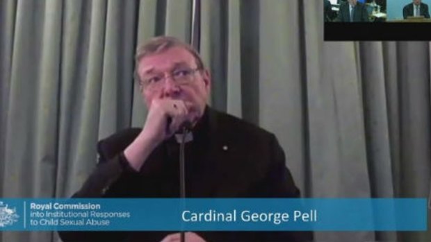 Cardinal George Pell gives evidence to the royal commission via video link from Rome last month.