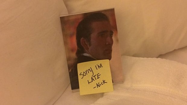 Nicholas Cage with an apology and some bathroom towels.