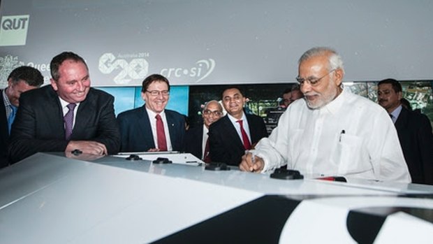 Indian Prime Minister Narendra Modi at QUT with federal Agriculture Minister Barnaby Joyce (far left).
