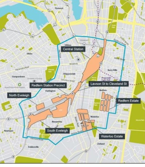 The Central to Eveleigh Study Area, marked with a blue line. Government-owned land is marked in orange.