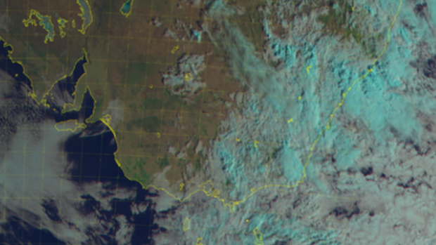 Satellite image showing the heavy cloud covering the south-east coast of Australia.