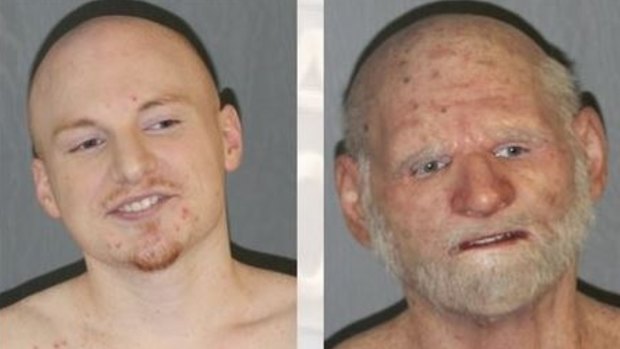 31-year-old Shaun "Shizz" Miller (left) and in the mask he was arrested in (right).