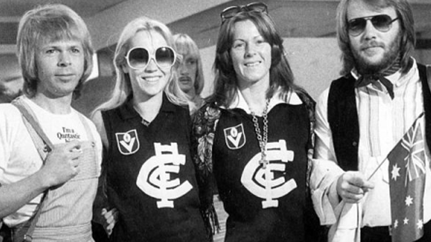 ABBA's Agnetha and Frida wearing Carlton's jumpers.