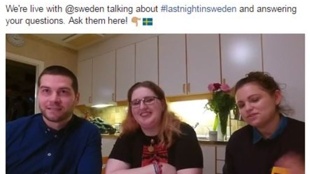 Emma Johansson, centre, talking about #LastnightinSweden non-event live on Facebook.