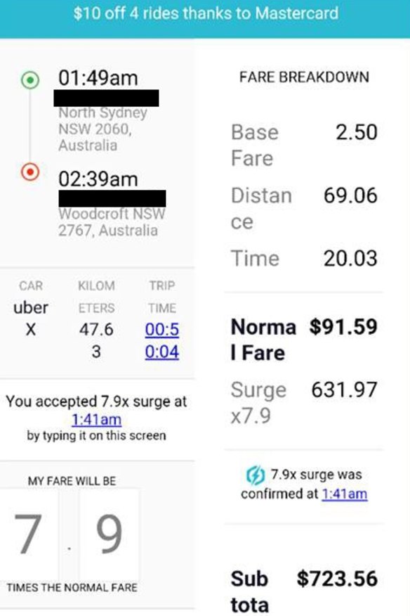 The app requires people to acknowledge surge pricing - in this case 7.9.