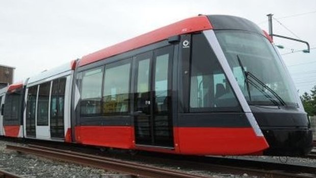 One of the first light rail vehicles assembled by Alstom in France.