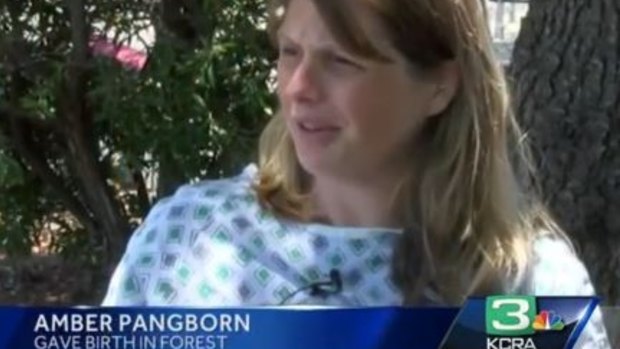 Amber Pangborn gave birth alone in a California forest and started a fire there before being rescued.
