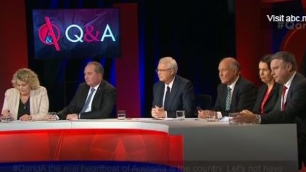 Monday night's panel: Farmer Fiona Simson, Agriculture Minister Barnaby Joyce, host Tony Jones, independent candidate Tony Windsor, small businesswoman Robbie Sefton and Labor's agriculture spokesman Joel Fitzgibbon.