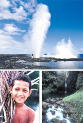 Up the spout ... (clockwise from top) the magnificent Alofaaga blowholes form part of a coastline that becomes a wall of spray; mountains shelter deep bowls of rainforest; a Savai’i boy stops to say hello.