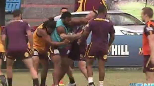 A dust-up breaks out at Brisbane Broncos training at Red Hill in the lead-up to a sudden death preliminary final against the North Queensland Cowboys.