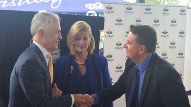 Prime Minister Malcolm Turnbull in Beenleigh, meeting with Cr Luke Smith and outgoing Logan Mayor Pam Parker.