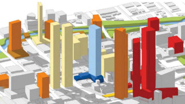 The Greenway development, in blue, and some of the other towers planned for the Parramatta CBD.