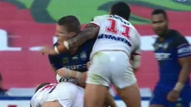 High shot: Tyson Frizell collects Tim Browne high.